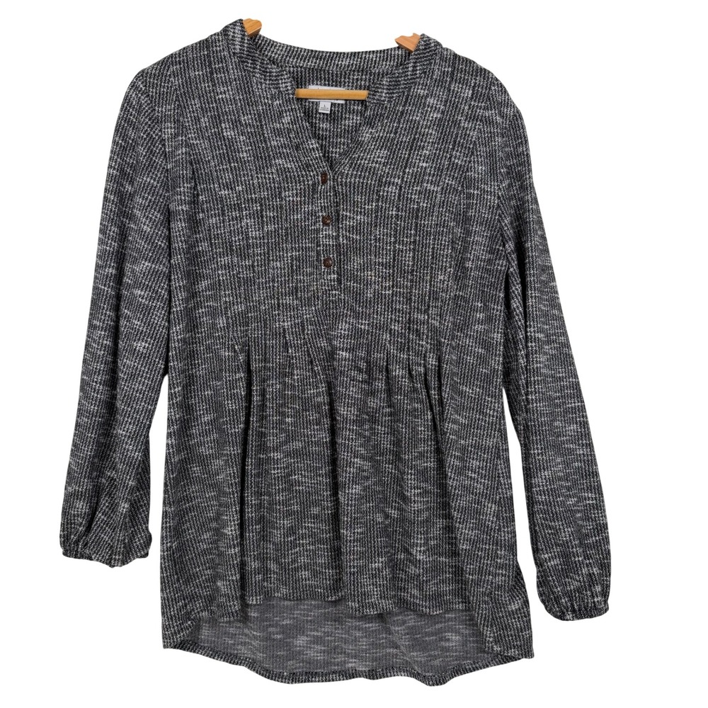 Wonderly Knit Top Women L Black White Henley‎ Empire Waist High Low Long Sleeve